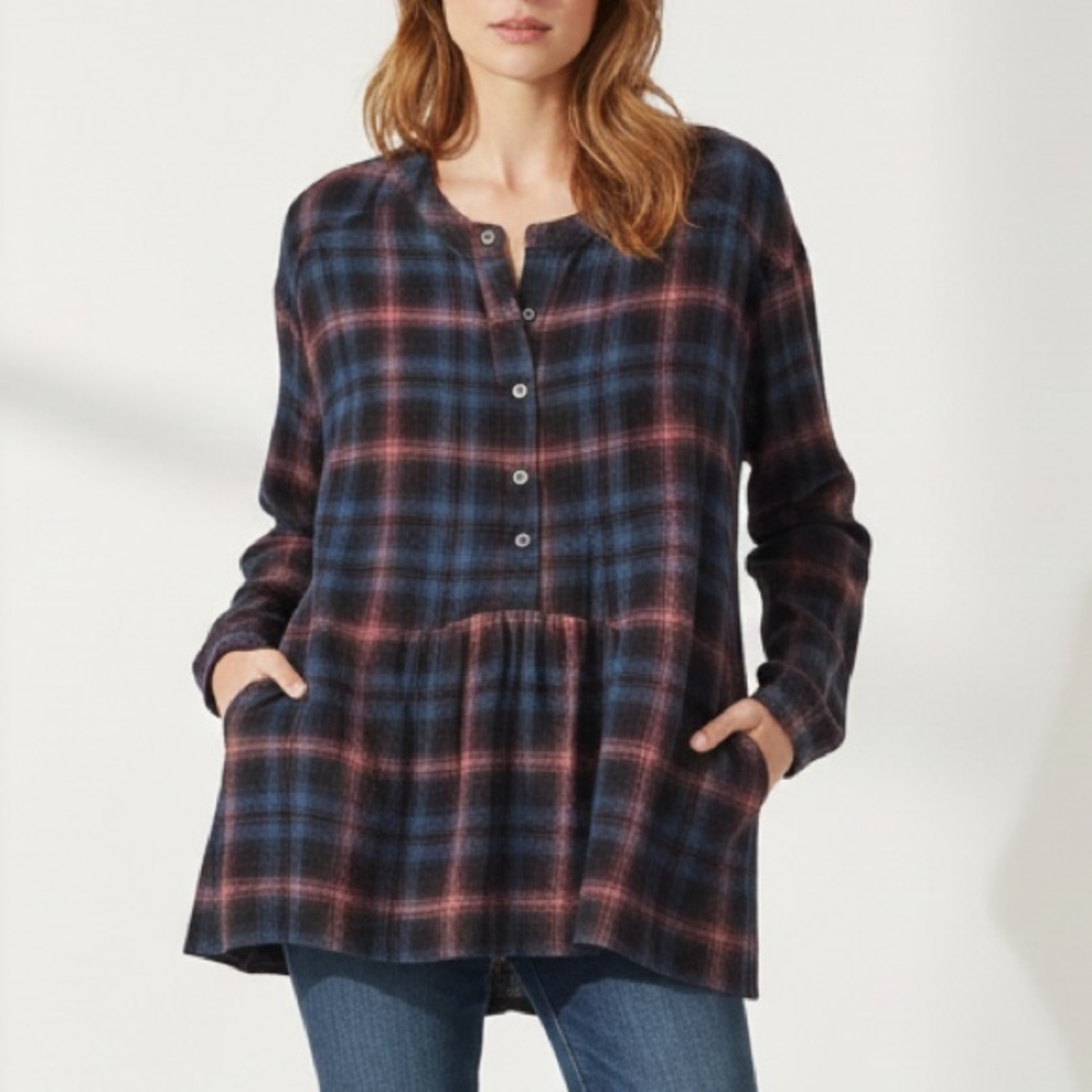 Boho Plaid Free People Navy Pink 100% Wool Henley Blouse Size S Small‎